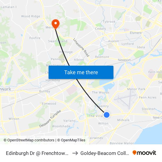 Edinburgh Dr @ Frenchtown Rd to Goldey-Beacom College map