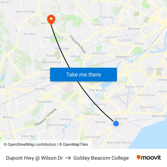 Dupont Hwy @ Wilson Dr to Goldey-Beacom College map