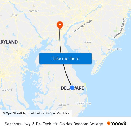 Seashore Hwy @ Del Tech to Goldey-Beacom College map