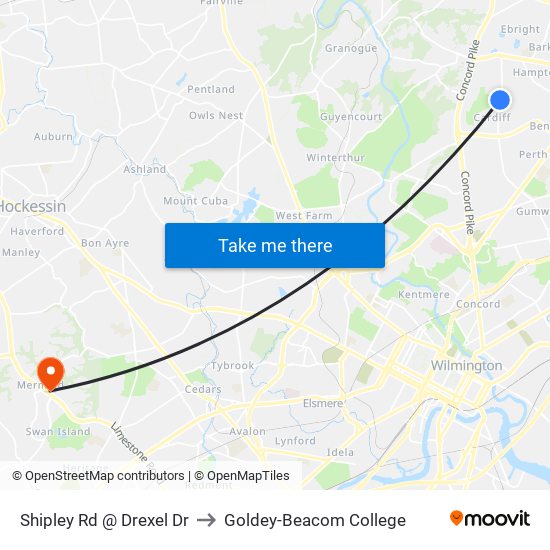 Shipley Rd @ Drexel Dr to Goldey-Beacom College map