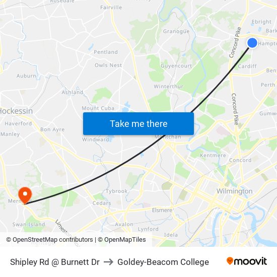 Shipley Rd @ Burnett Dr to Goldey-Beacom College map