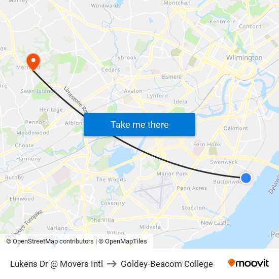 Lukens Dr @ Movers Intl to Goldey-Beacom College map