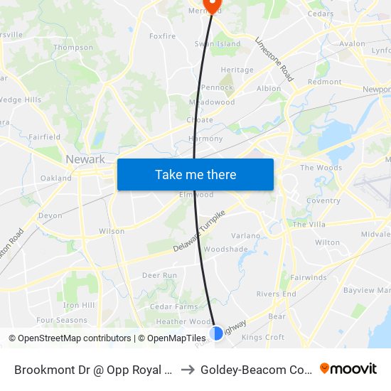Brookmont Dr @ Opp Royal Farms to Goldey-Beacom College map