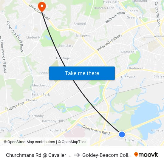 Churchmans Rd @ Cavalier Apts to Goldey-Beacom College map