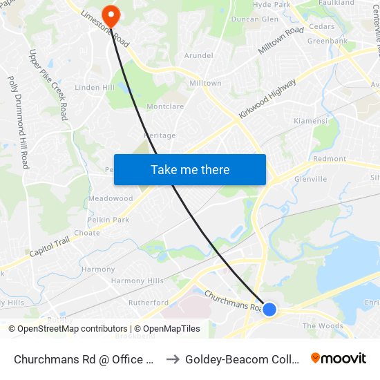 Churchmans Rd @ Office Max to Goldey-Beacom College map