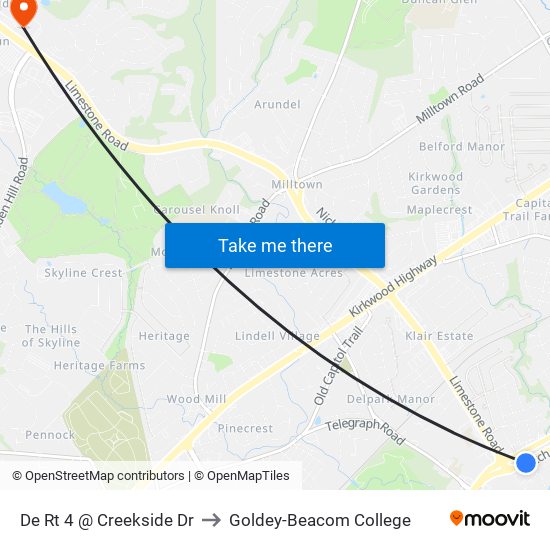 De Rt 4 @ Creekside Dr to Goldey-Beacom College map
