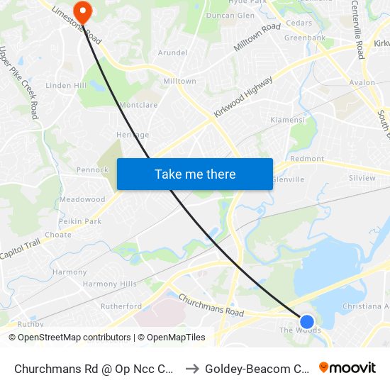 Churchmans Rd @ Op Ncc Com Park to Goldey-Beacom College map