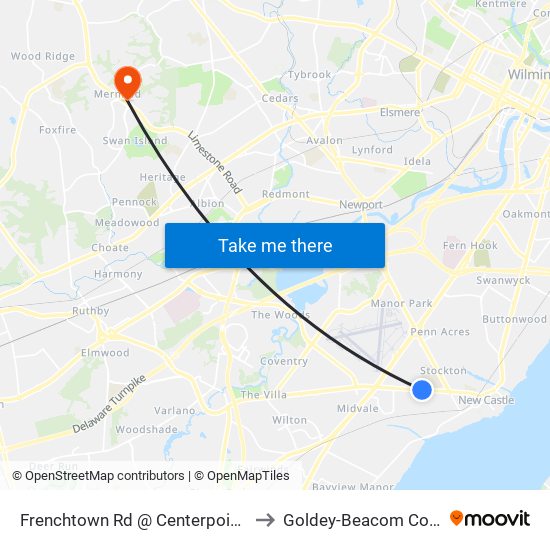 Frenchtown Rd @ Centerpoint Blvd to Goldey-Beacom College map