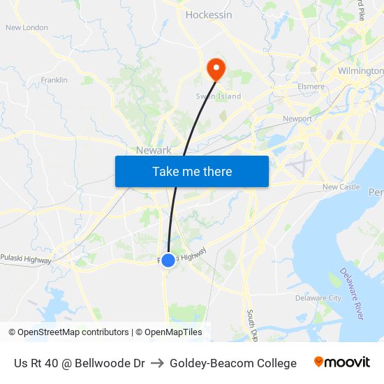 Us Rt 40 @ Bellwoode Dr to Goldey-Beacom College map