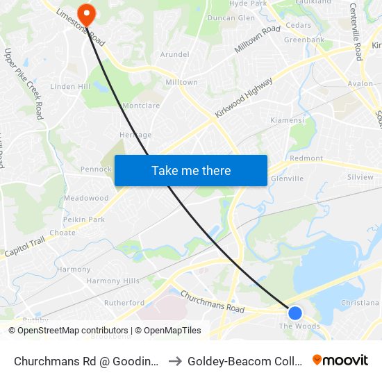 Churchmans Rd @ Gooding Dr to Goldey-Beacom College map