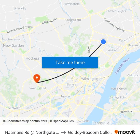 Naamans Rd @ Northgate Rd to Goldey-Beacom College map