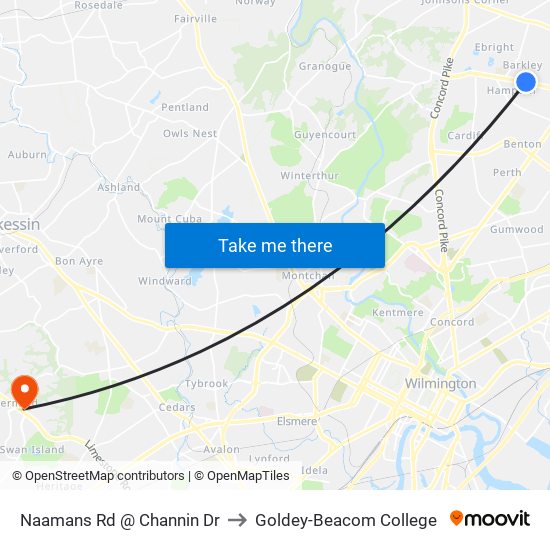 Naamans Rd @ Channin Dr to Goldey-Beacom College map