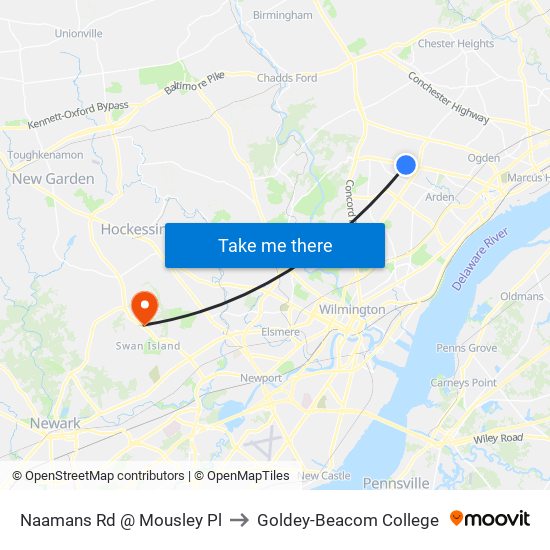 Naamans Rd @ Mousley Pl to Goldey-Beacom College map