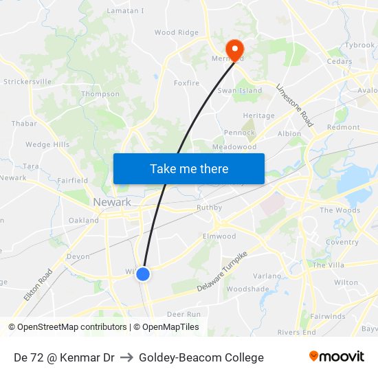 De 72 @ Kenmar Dr to Goldey-Beacom College map