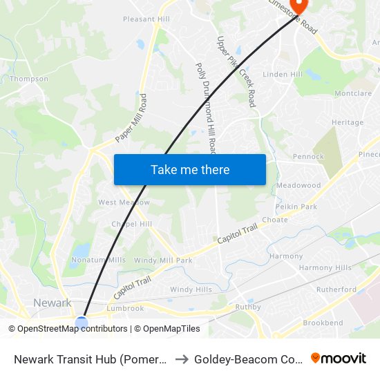 Newark Transit Hub (Pomeroy La) to Goldey-Beacom College map