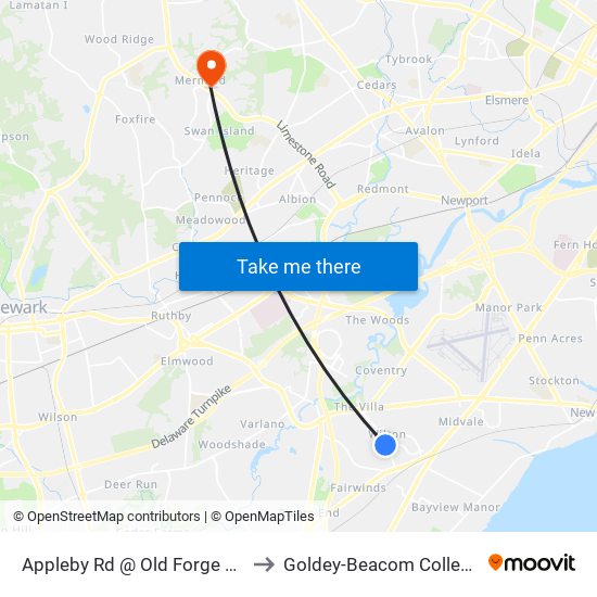 Appleby Rd @ Old Forge Rd to Goldey-Beacom College map