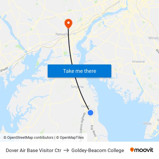 Dover Air Base Visitor Ctr to Goldey-Beacom College map