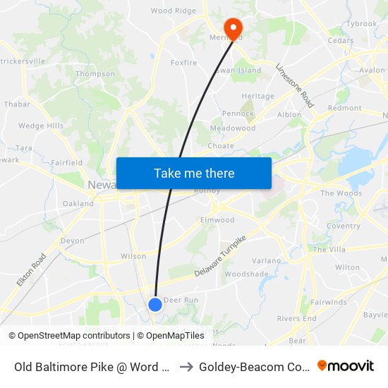 Old Baltimore Pike @ Word Of Life to Goldey-Beacom College map