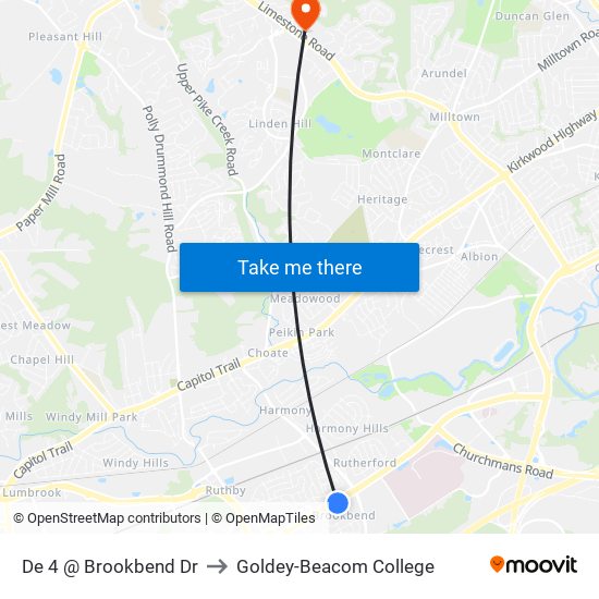 De 4 @ Brookbend Dr to Goldey-Beacom College map