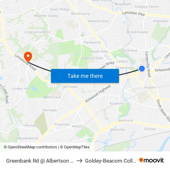 Greenbank Rd @ Albertson Blvd to Goldey-Beacom College map