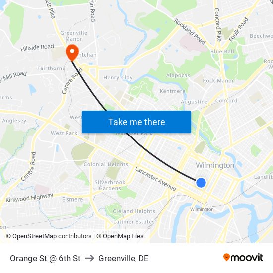 Orange St @ 6th St to Greenville, DE map