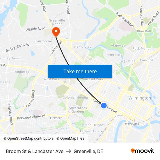 Broom St & Lancaster Ave to Greenville, DE map