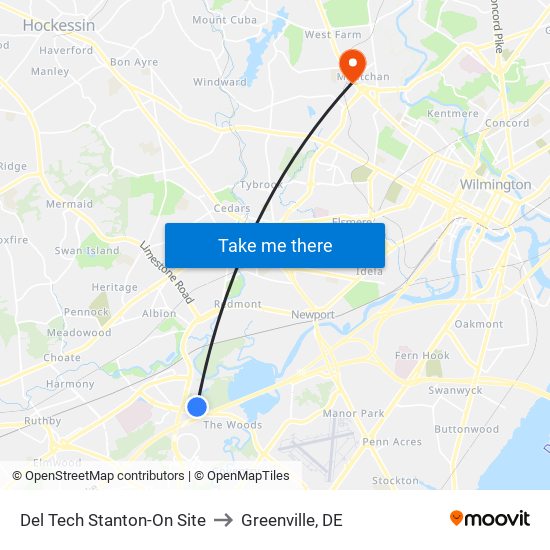 Del Tech Stanton-On Site to Greenville, DE map