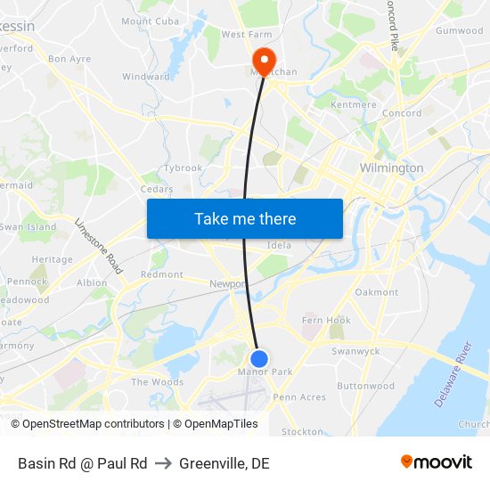 Basin Rd @ Paul Rd to Greenville, DE map