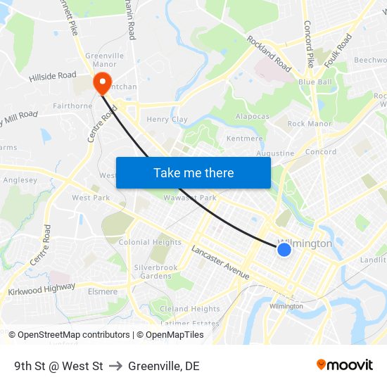 9th St @ West St to Greenville, DE map