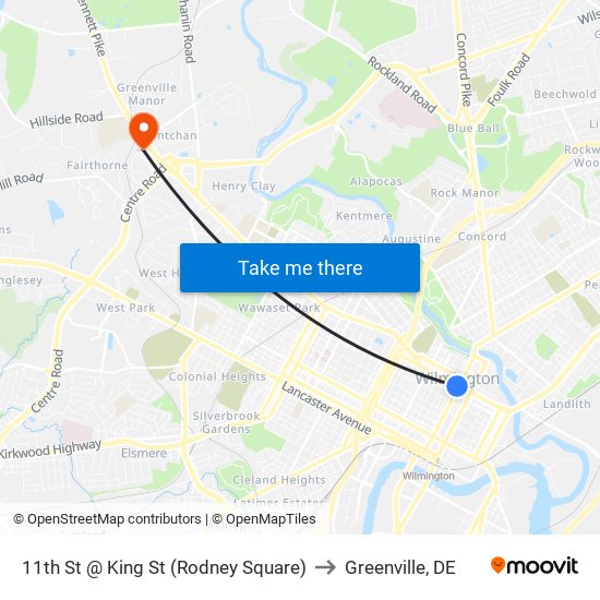 11th St @ King St (Rodney Square) to Greenville, DE map