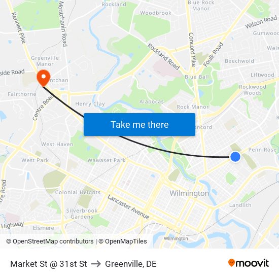 Market St @ 31st St to Greenville, DE map