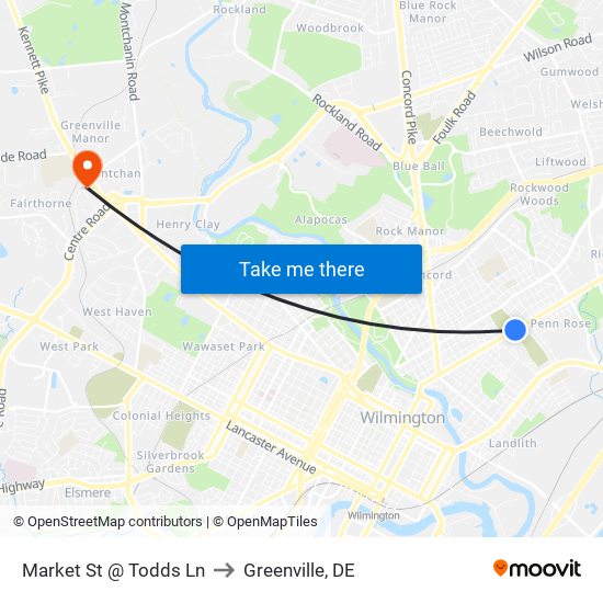 Market St @ Todds Ln to Greenville, DE map