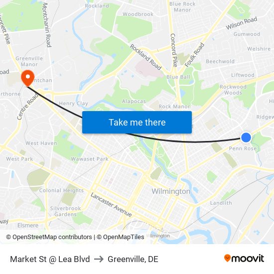 Market St @ Lea Blvd to Greenville, DE map