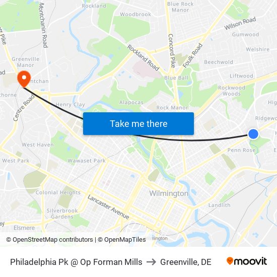 Philadelphia Pk @ Op Forman Mills to Greenville, DE map