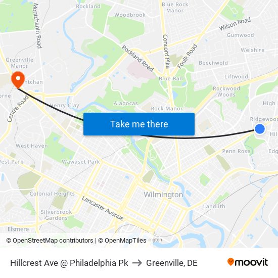 Hillcrest Ave @ Philadelphia Pk to Greenville, DE map