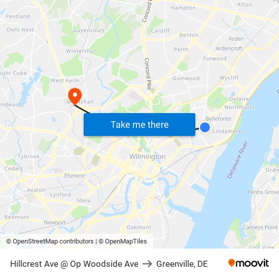 Hillcrest Ave @ Op Woodside Ave to Greenville, DE map