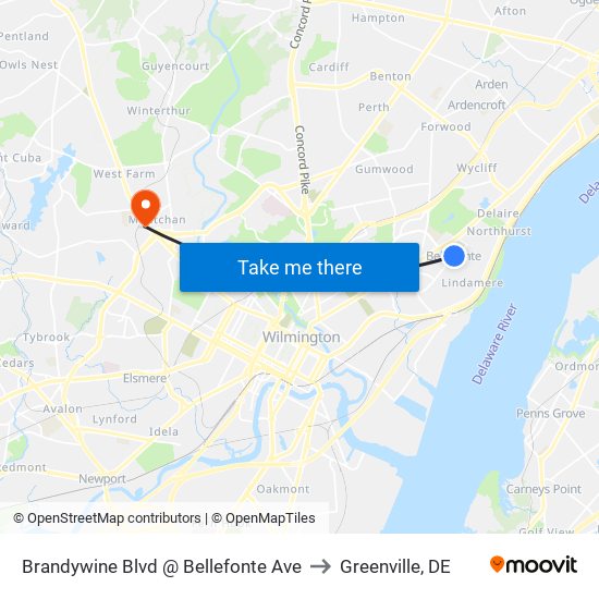 Brandywine Blvd @ Bellefonte Ave to Greenville, DE map