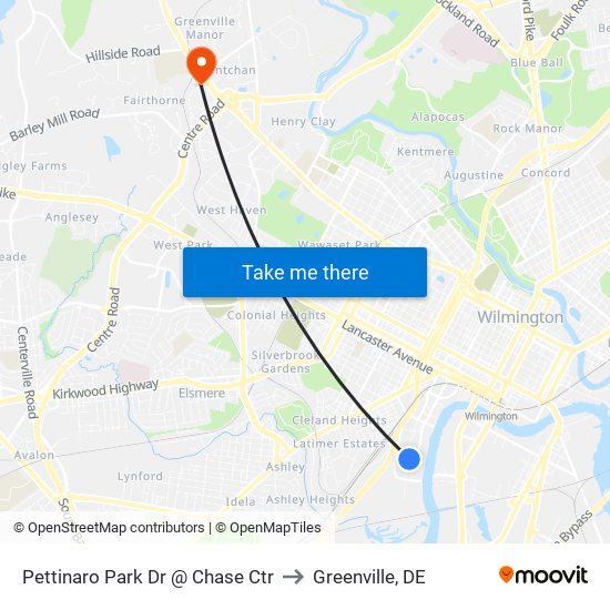 Pettinaro Park Dr @ Chase Ctr to Greenville, DE map