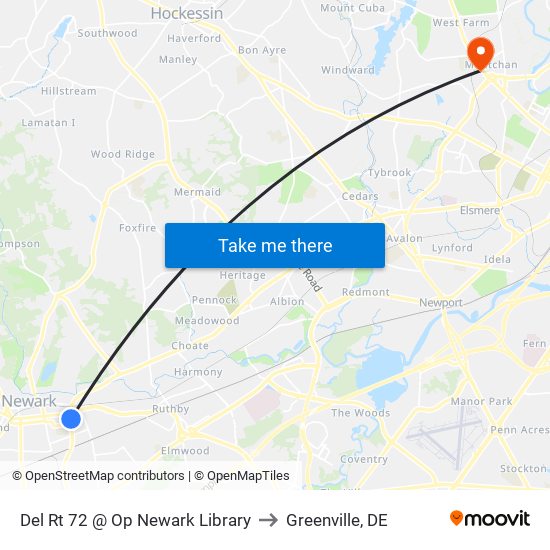 Del Rt 72 @ Op Newark Library to Greenville, DE map