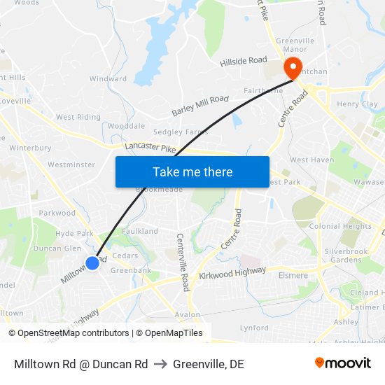 Milltown Rd @ Duncan Rd to Greenville, DE map