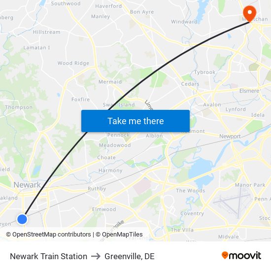 Newark Train Station to Greenville, DE map