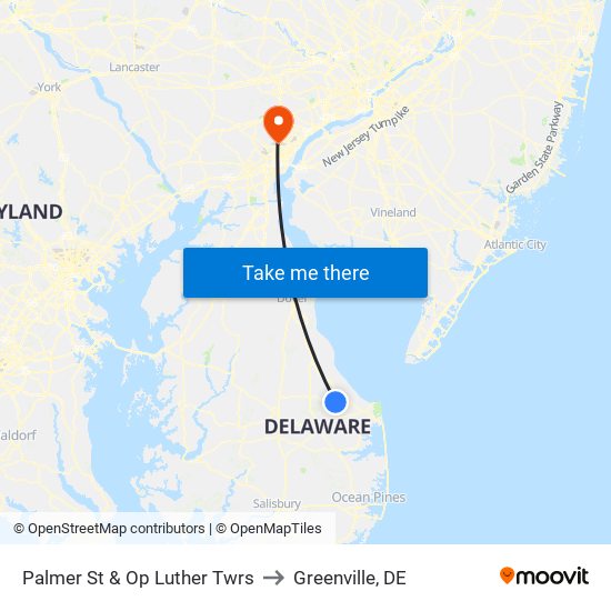 Palmer St & Op Luther Twrs to Greenville, DE map