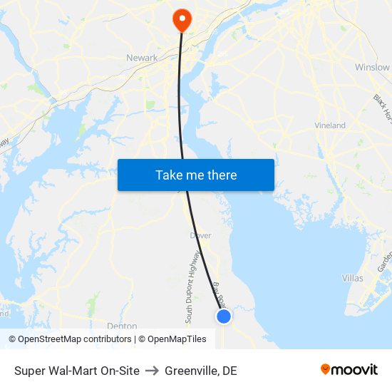 Super Wal-Mart On-Site to Greenville, DE map