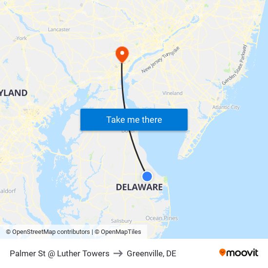Palmer St @ Luther Towers to Greenville, DE map