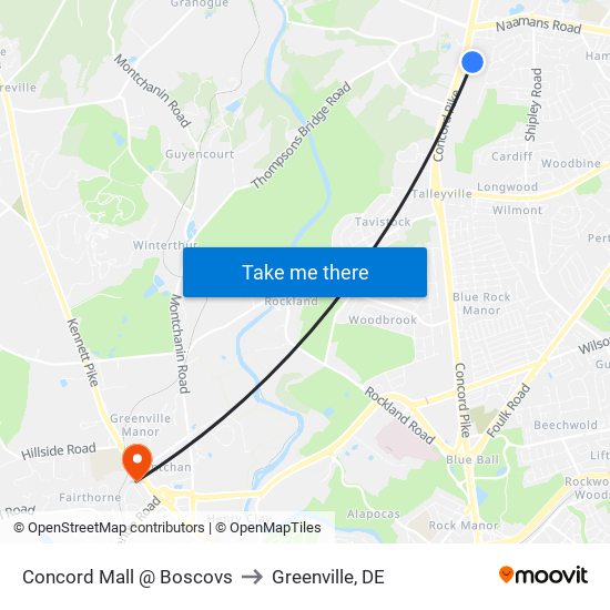 Concord Mall @ Boscovs to Greenville, DE map