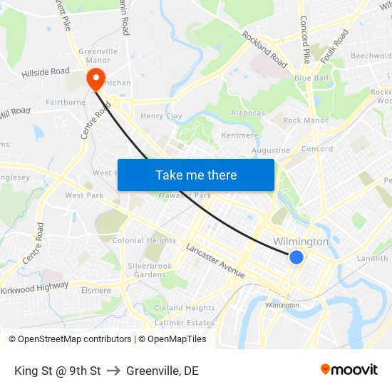 King St @ 9th St to Greenville, DE map