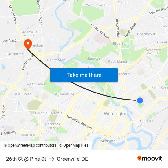 26th St @ Pine St to Greenville, DE map