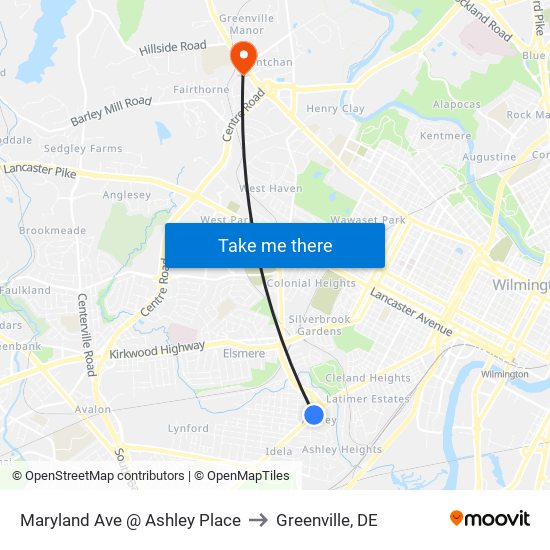 Maryland Ave @ Ashley Place to Greenville, DE map