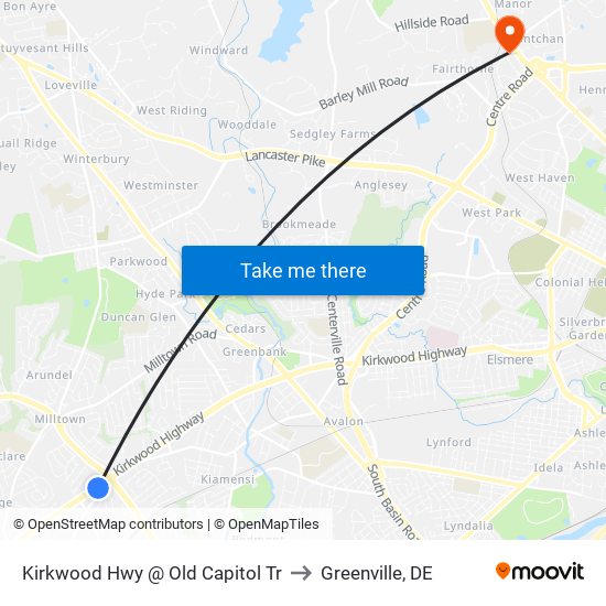 Kirkwood Hwy @ Old Capitol Tr to Greenville, DE map