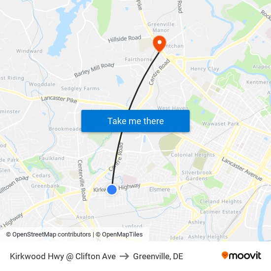 Kirkwood Hwy @ Clifton Ave to Greenville, DE map